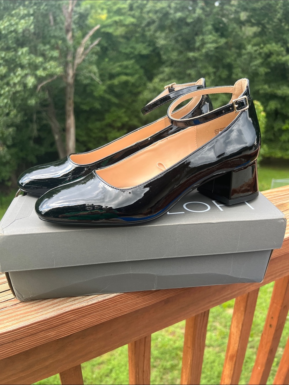 LOFT Black Patent Ankle-Strap Block Heel Pumps
